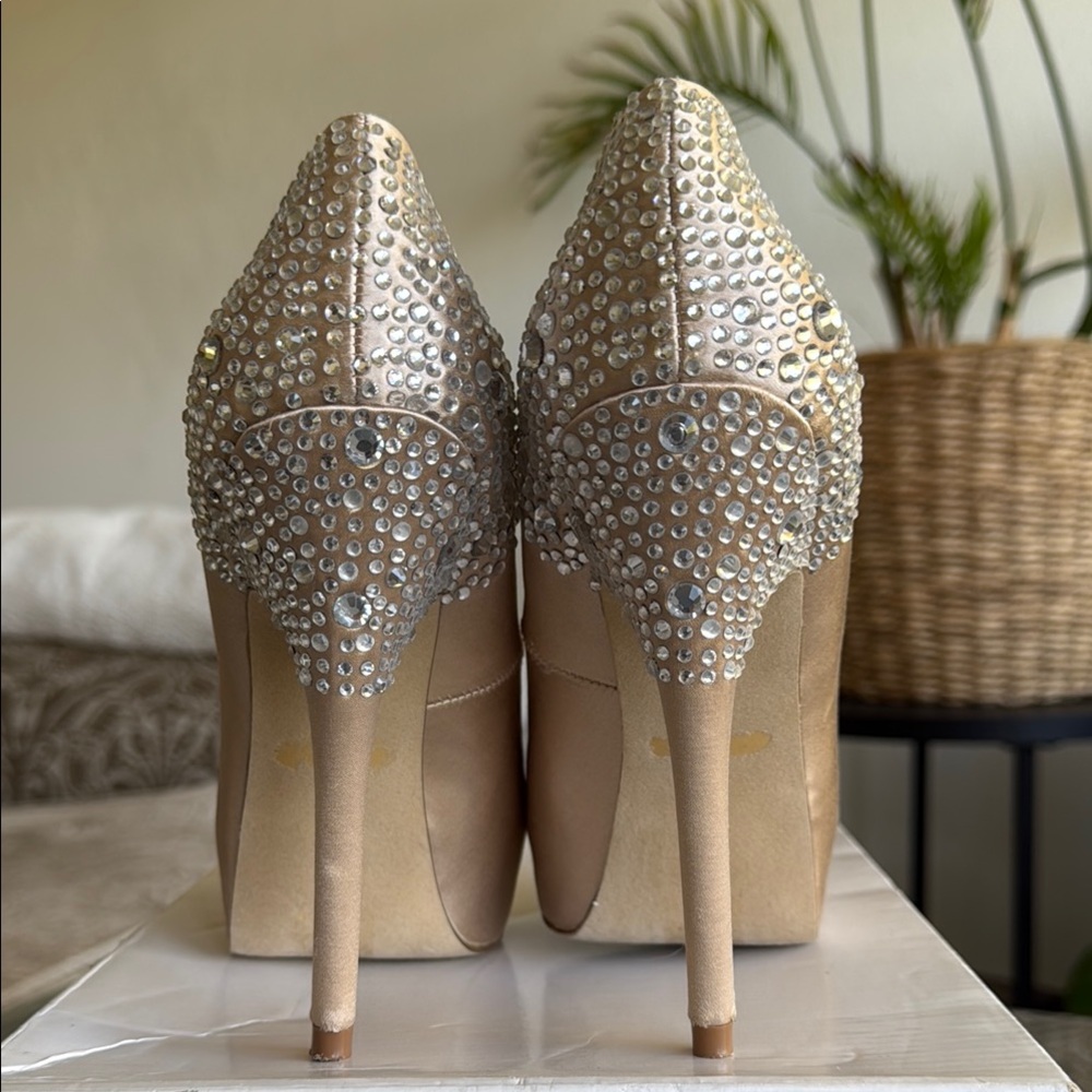 Beige satin open toe pumps with rhinestones Aldo.
